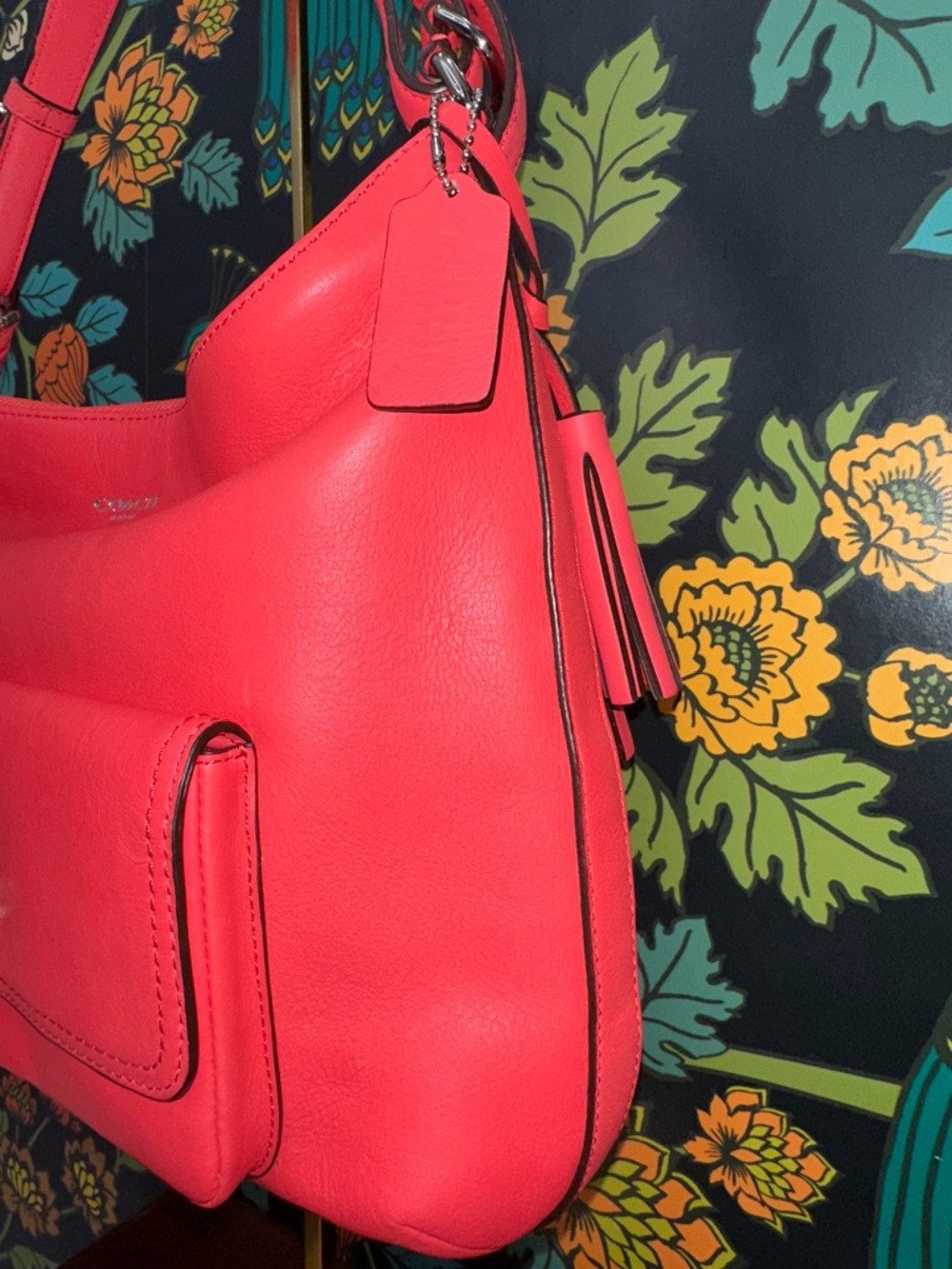 Coach Coral Red Leather Hobo Bag Turnlock Pocket Crossbody Strap Tassel 2012 - Picture 5 of 11